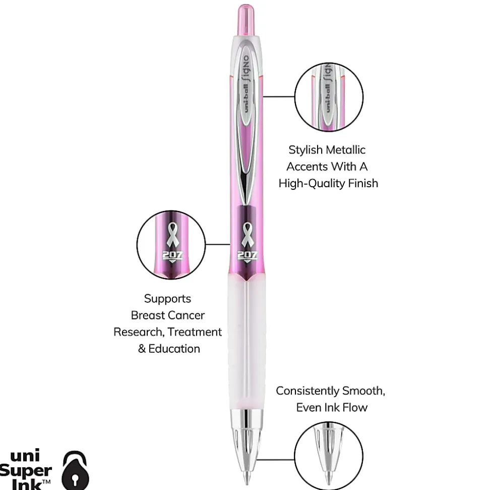 uni-ball® 207™ Pink Ribbon Retractable Fraud Prevention Gel Pens, Medium Point, 0.7 mm, Pink Barrels, Black Ink, Pack Of 12