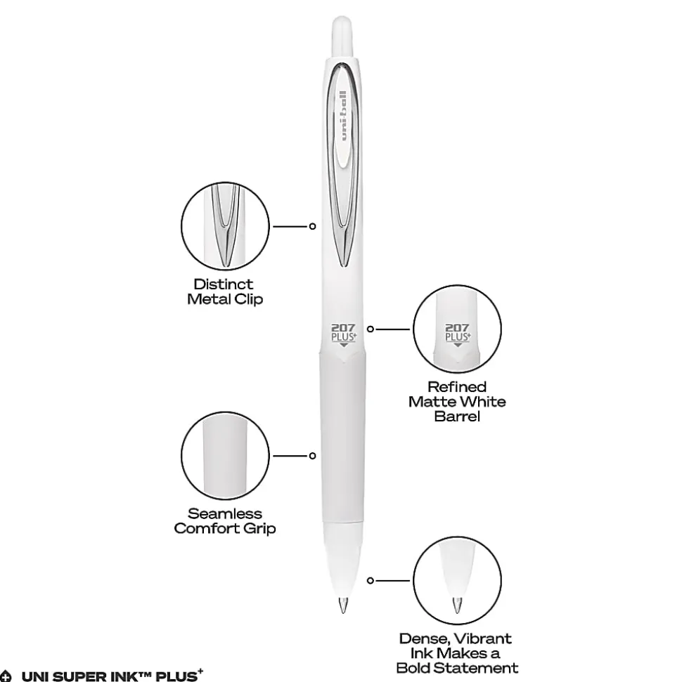 Uni-Ball 207 Plus+ Retractable Gel Pens, Medium Point, 0.7 mm, White Barrels, Black Ink, Pack of 4 Pens