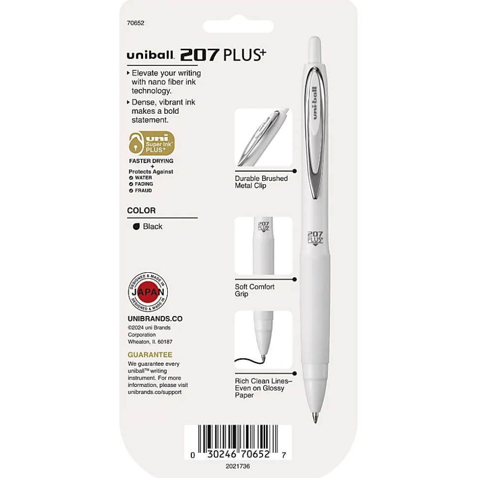 Uni-Ball 207 Plus+ Retractable Gel Pens, Medium Point, 0.7 mm, White Barrels, Black Ink, Pack of 4 Pens