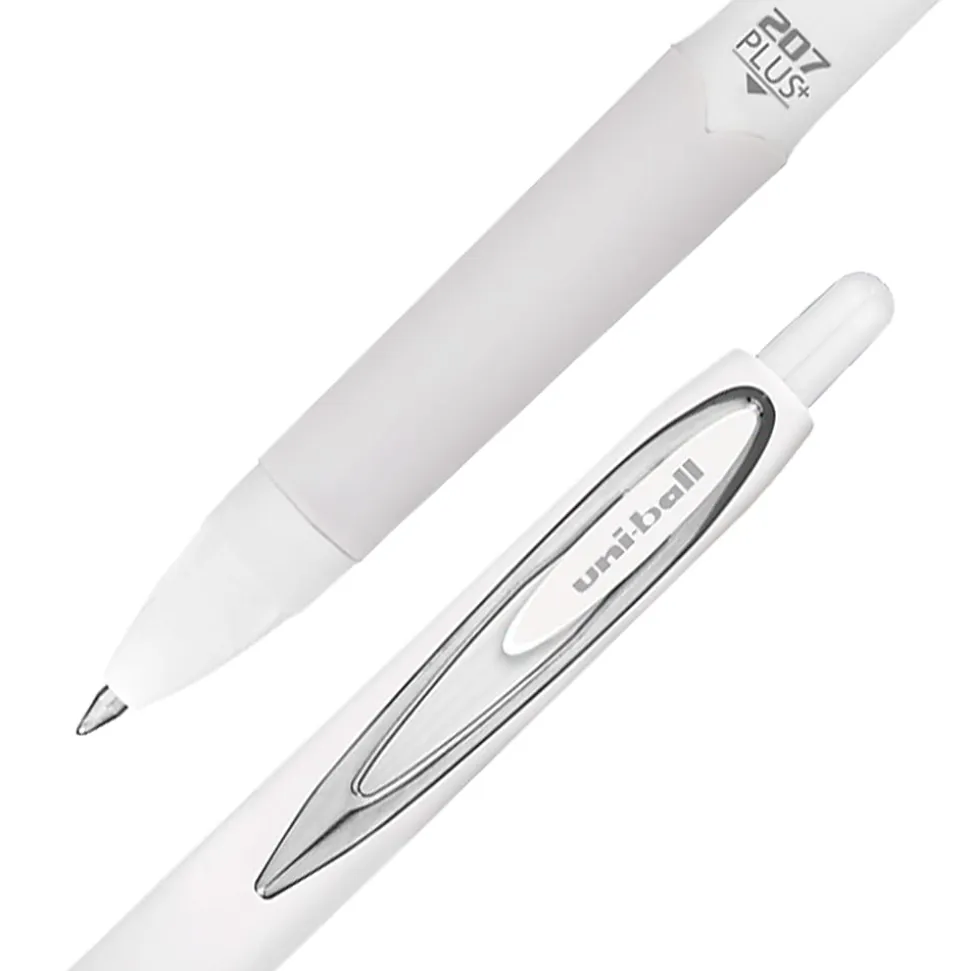 Uni-Ball 207 Plus+ Retractable Gel Pens, Medium Point, 0.7 mm, White Barrels, Black Ink, Pack of 4 Pens