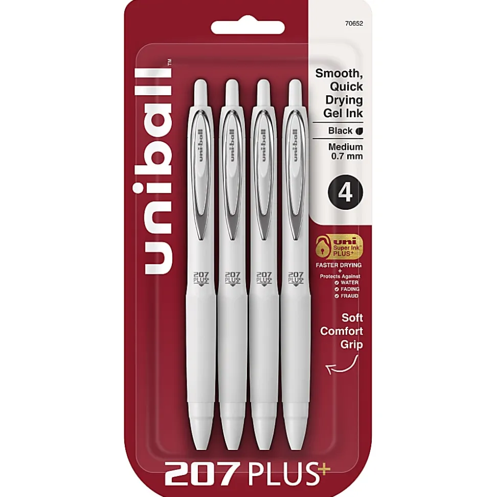 Uni-Ball 207 Plus+ Retractable Gel Pens, Medium Point, 0.7 mm, White Barrels, Black Ink, Pack of 4 Pens