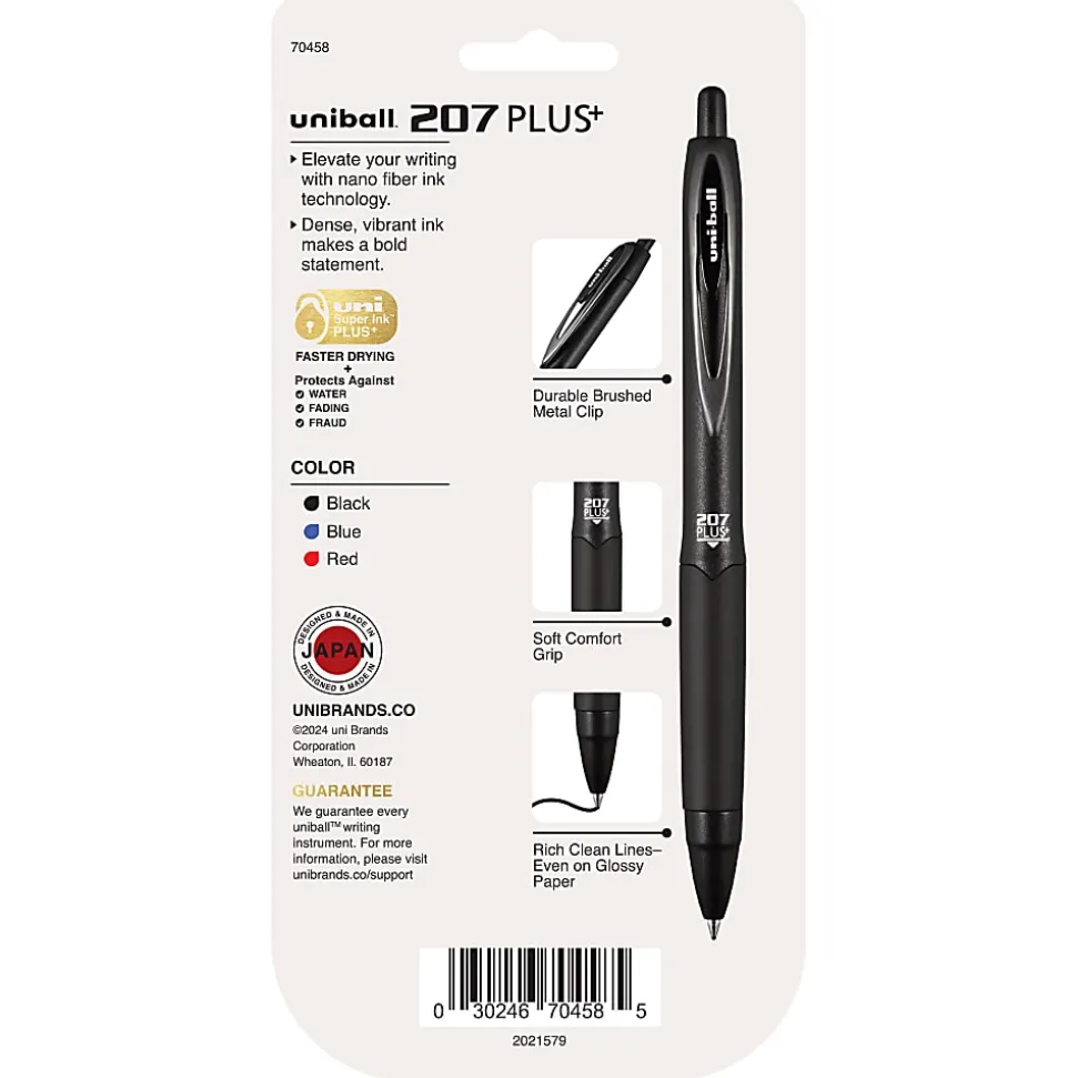 uni-ball® 207 Plus+ Retractable Gel Pens, Medium Point, 0.7 mm, Black Barrel, Black/Blue/Red Ink, Pack Of 4 Pens