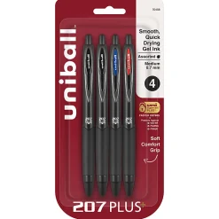 uni-ball® 207 Plus+ Retractable Gel Pens, Medium Point, 0.7 mm, Black Barrel, Black/Blue/Red Ink, Pack Of 4 Pens