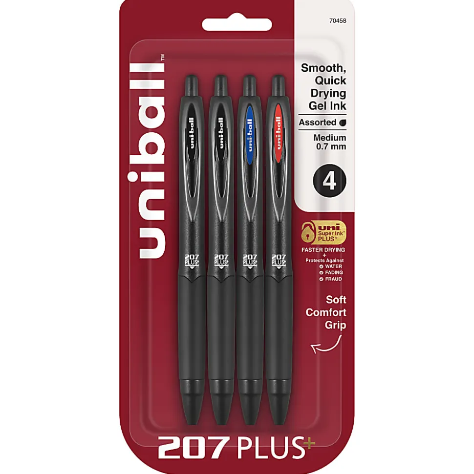 uni-ball® 207 Plus+ Retractable Gel Pens, Medium Point, 0.7 mm, Black Barrel, Black/Blue/Red Ink, Pack Of 4 Pens
