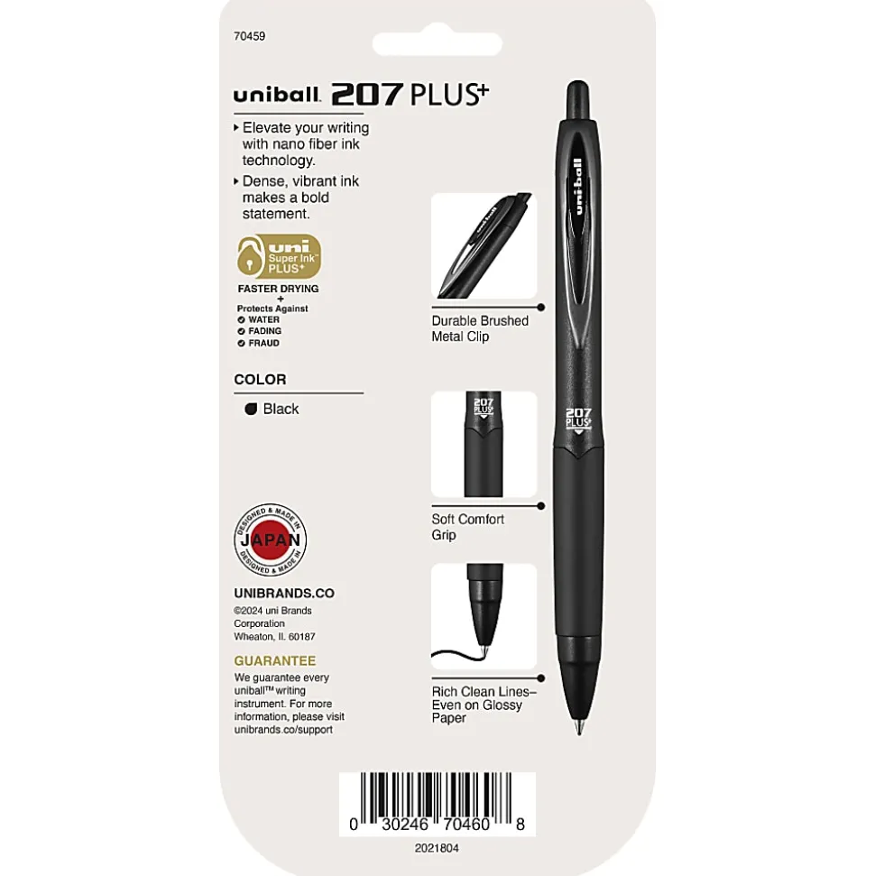 uni-ball® 207 Plus+ Retractable Gel Pens, Medium Point, 0.7 mm, Black Barrel, Black Ink, Pack Of 4 Pens