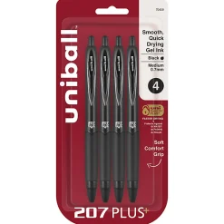 uni-ball® 207 Plus+ Retractable Gel Pens, Medium Point, 0.7 mm, Black Barrel, Black Ink, Pack Of 4 Pens
