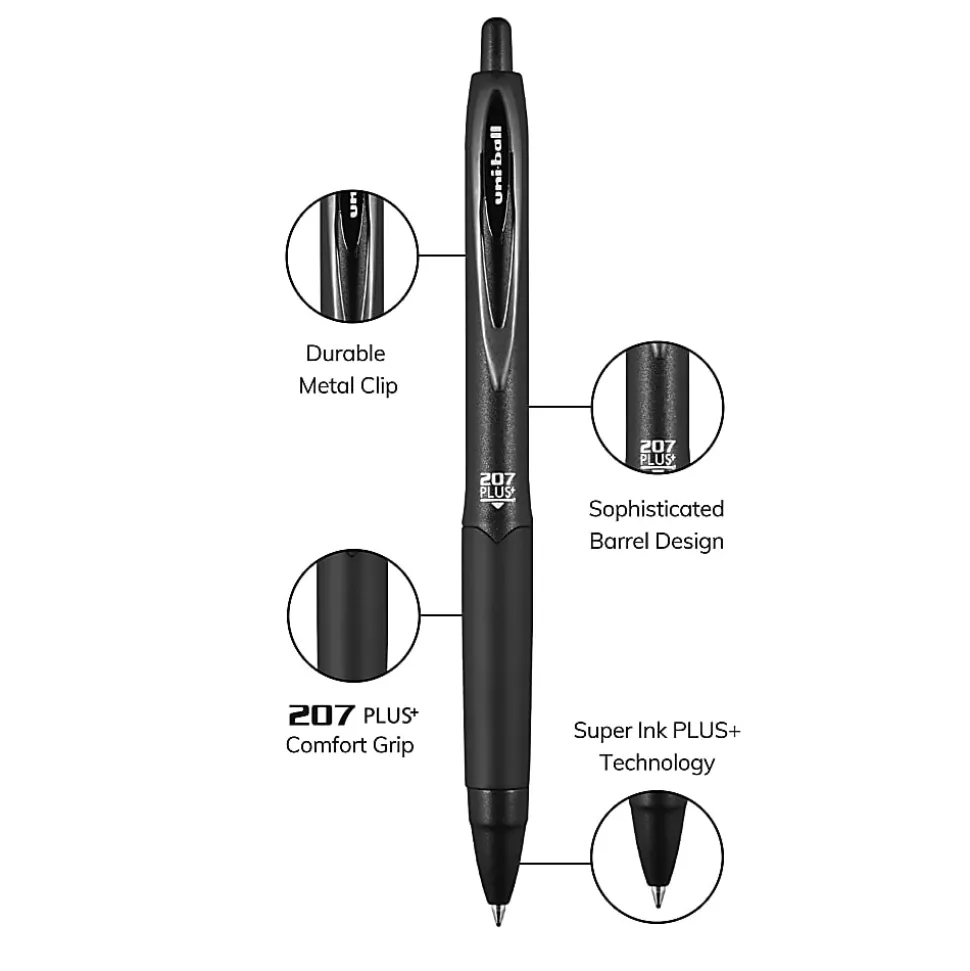 uni-ball® 207 Plus+ Retractable Gel Pens, Medium Point, 0.7 mm, Black Barrel, Black Ink, Pack Of 4 Pens