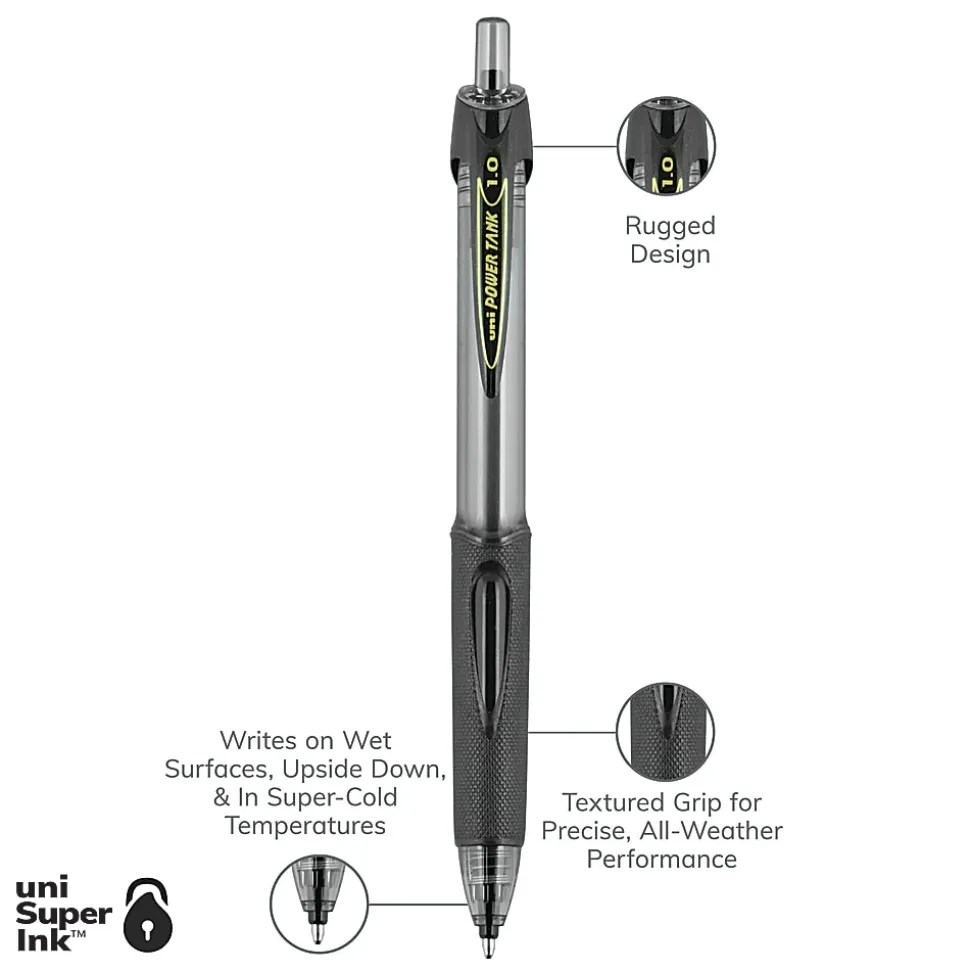 Uni-Ball Power Tank Retractable Ballpoint Pens, Pack Of 12, Broad Point, 1.0 mm, Black Barrel, Black Ink