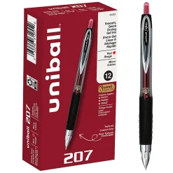 uni-ball® 207™ Retractable Fraud Prevention Gel Pens, Micro Point, 0.5 mm, Black Barrels, Red Ink, Pack Of 12