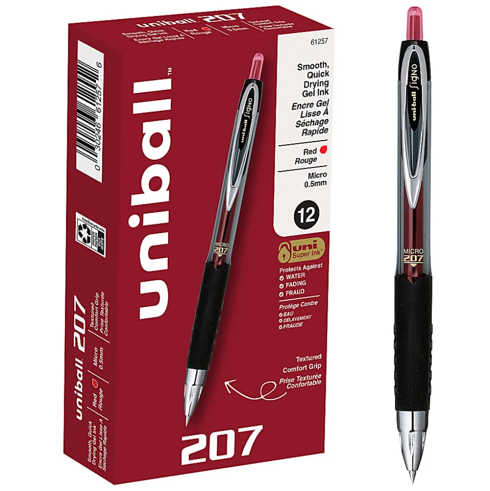 uni-ball® 207™ Retractable Fraud Prevention Gel Pens, Micro Point, 0.5 mm, Black Barrels, Red Ink, Pack Of 12