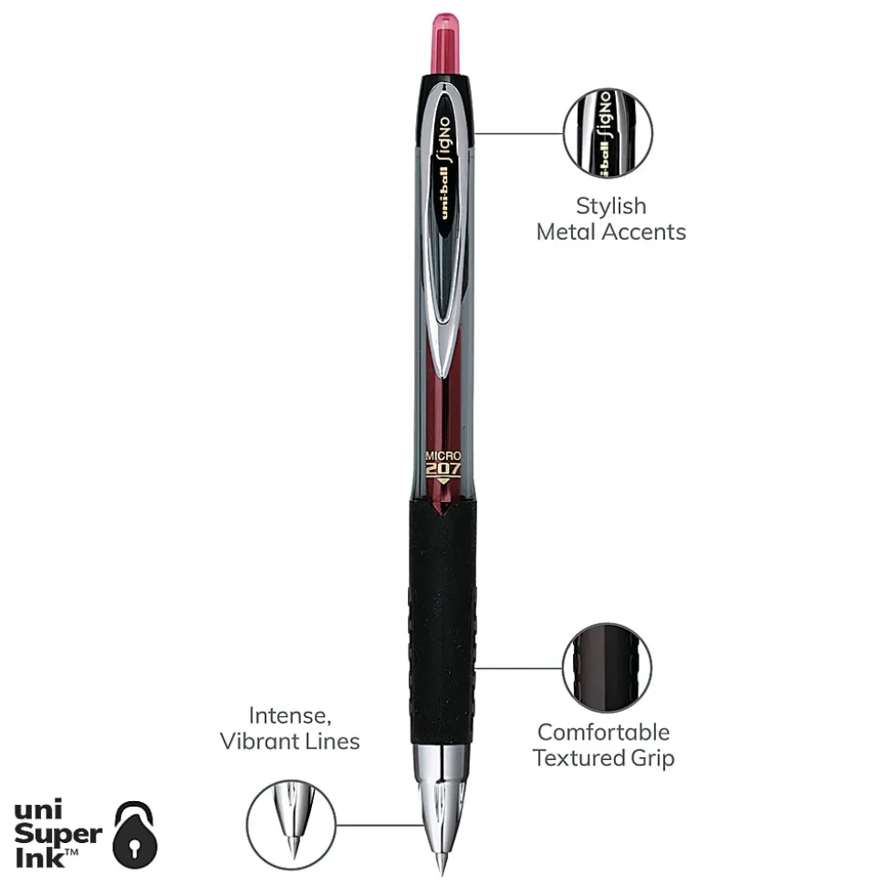 uni-ball® 207™ Retractable Fraud Prevention Gel Pens, Micro Point, 0.5 mm, Black Barrels, Red Ink, Pack Of 12