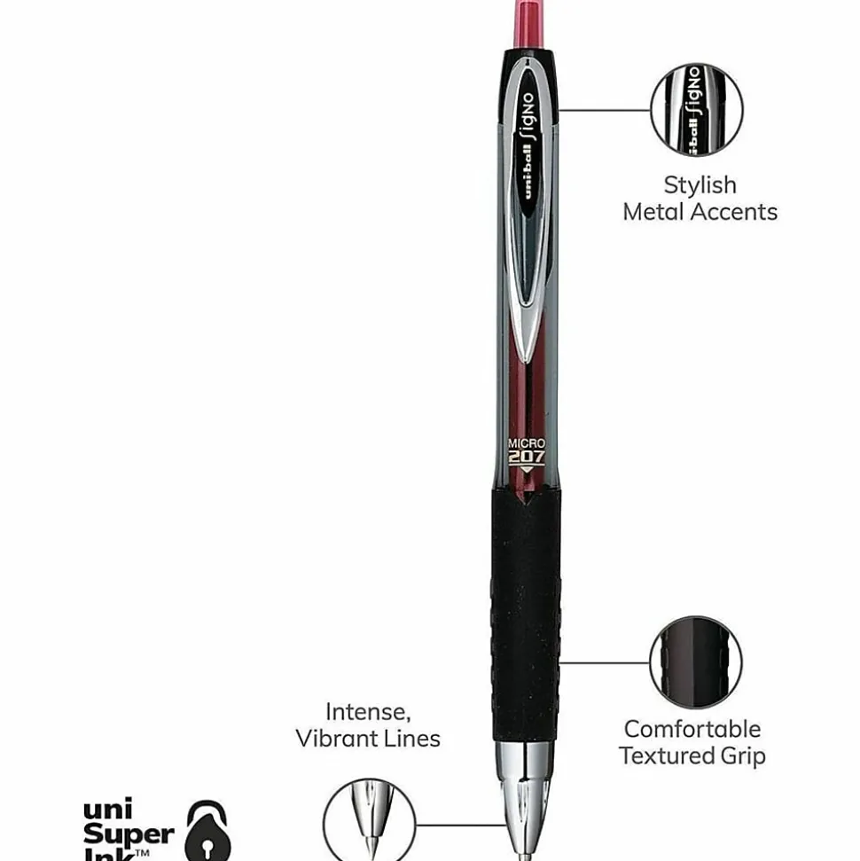 uni-ball® 207™ Retractable Fraud Prevention Gel Pens, Micro Point, 0.5 mm, Black Barrels, Red Ink, Pack Of 12