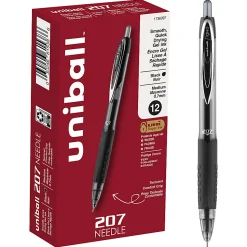 uni-ball® 207™ Retractable Fraud Prevention Gel Pens, Needle Point, 0.7 mm, Translucent Black Barrels, Black Ink, Pack Of 12