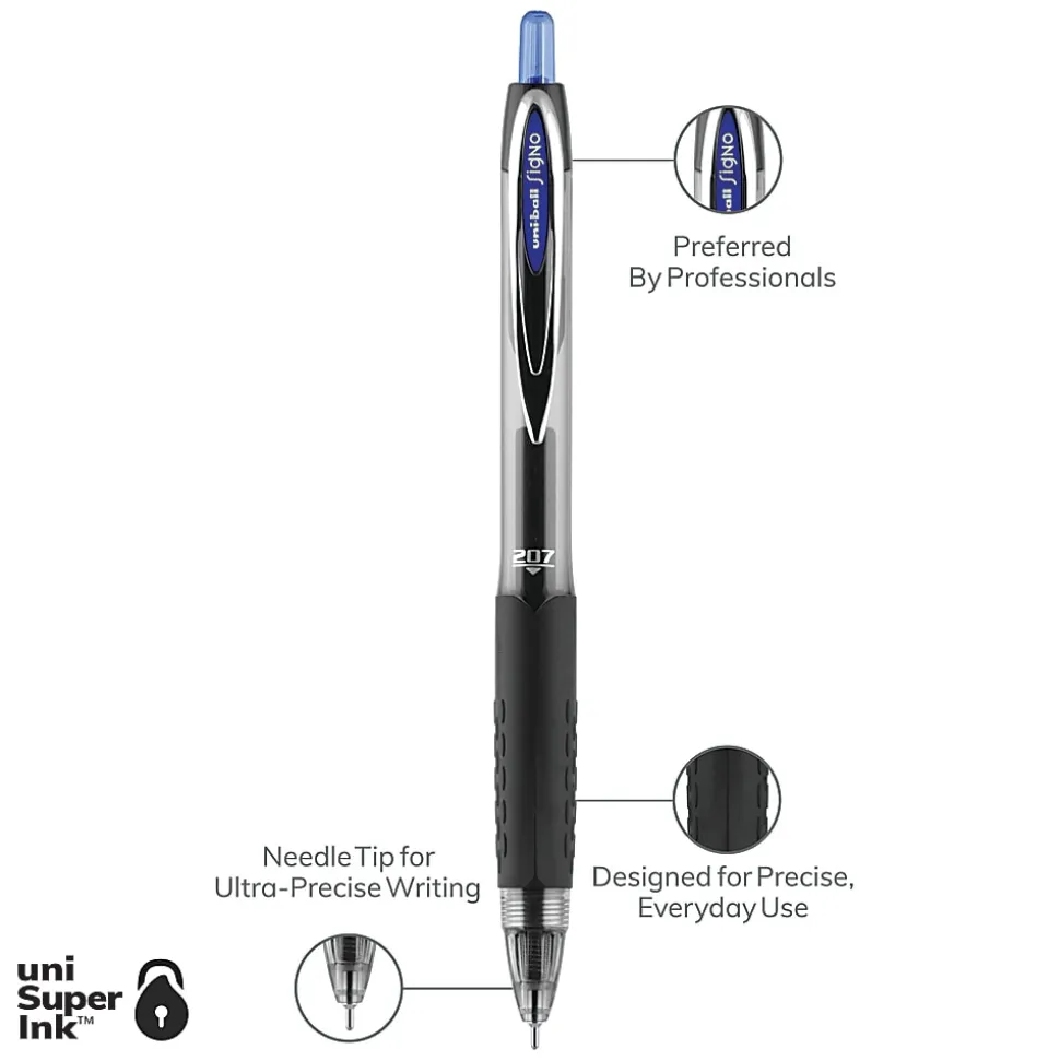 uni-ball® 207™ Retractable Fraud Prevention Gel Pens, Needle Point, 0.7 mm, Translucent Black Barrels, Blue Ink, Pack Of 12