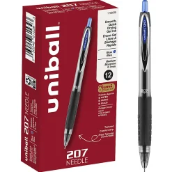 uni-ball® 207™ Retractable Fraud Prevention Gel Pens, Needle Point, 0.7 mm, Translucent Black Barrels, Blue Ink, Pack Of 12