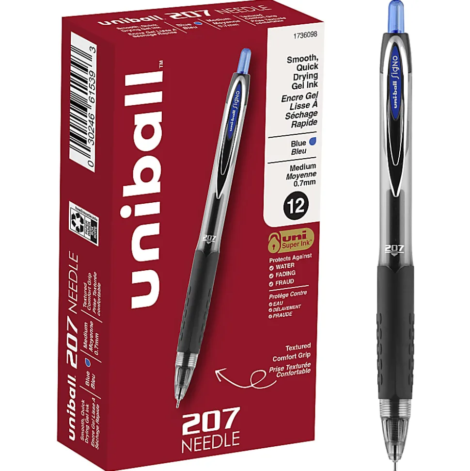 uni-ball® 207™ Retractable Fraud Prevention Gel Pens, Needle Point, 0.7 mm, Translucent Black Barrels, Blue Ink, Pack Of 12
