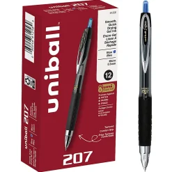 uni-ball® 207™ Retractable Fraud Prevention Gel Pens, Micro Point, 0.5 mm, Black Barrels, Blue Ink, Pack Of 12