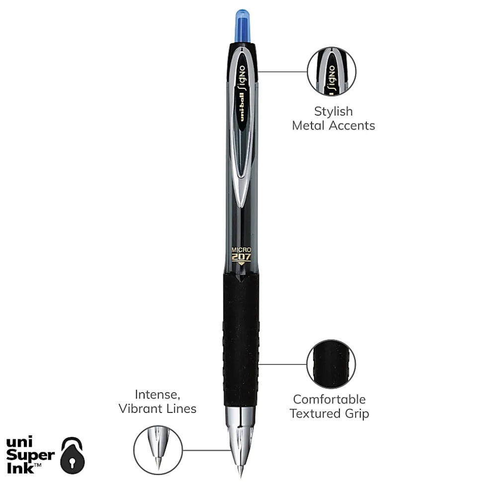 uni-ball® 207™ Retractable Fraud Prevention Gel Pens, Micro Point, 0.5 mm, Black Barrels, Blue Ink, Pack Of 12