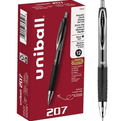 uni-ball® 207™ Retractable Fraud Prevention Gel Pens, Medium Point, 0.7 mm, Black Barrels, Black Ink, Pack Of 12 Pens