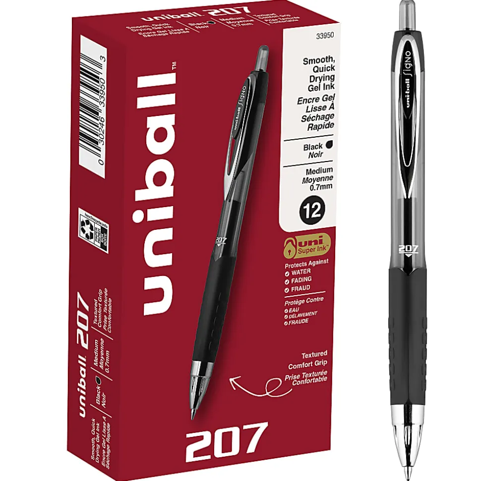 uni-ball® 207™ Retractable Fraud Prevention Gel Pens, Medium Point, 0.7 mm, Black Barrels, Black Ink, Pack Of 12 Pens