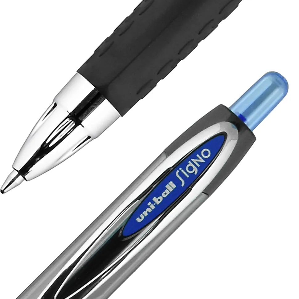 uni-ball® 207™ Retractable Fraud Prevention Gel Pens, Medium Point, 0.7 mm, Black Barrels, Blue Ink, Pack Of 12