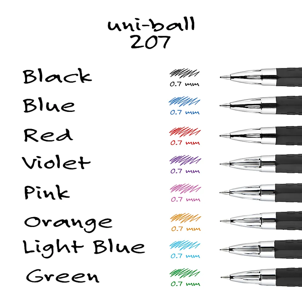 uni-ball® 207™ Retractable Fraud Prevention Gel Pens, Medium Point, 0.7 mm, Black Barrels, Blue Ink, Pack Of 12