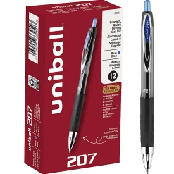 uni-ball® 207™ Retractable Fraud Prevention Gel Pens, Medium Point, 0.7 mm, Black Barrels, Blue Ink, Pack Of 12