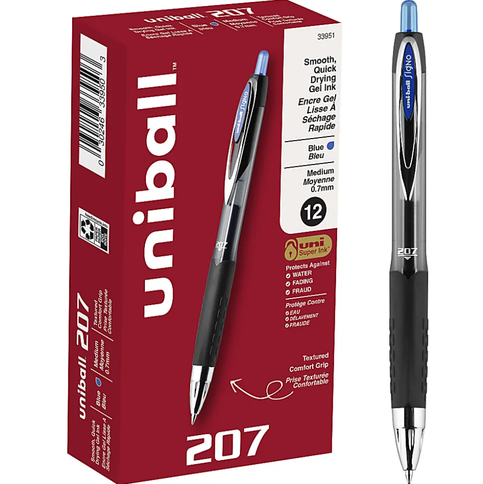 uni-ball® 207™ Retractable Fraud Prevention Gel Pens, Medium Point, 0.7 mm, Black Barrels, Blue Ink, Pack Of 12