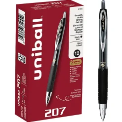 uni-ball® 207™ Retractable Fraud Prevention Gel Pens, Micro Point, 0.5 mm, Black Barrels, Black Ink, Pack Of 12