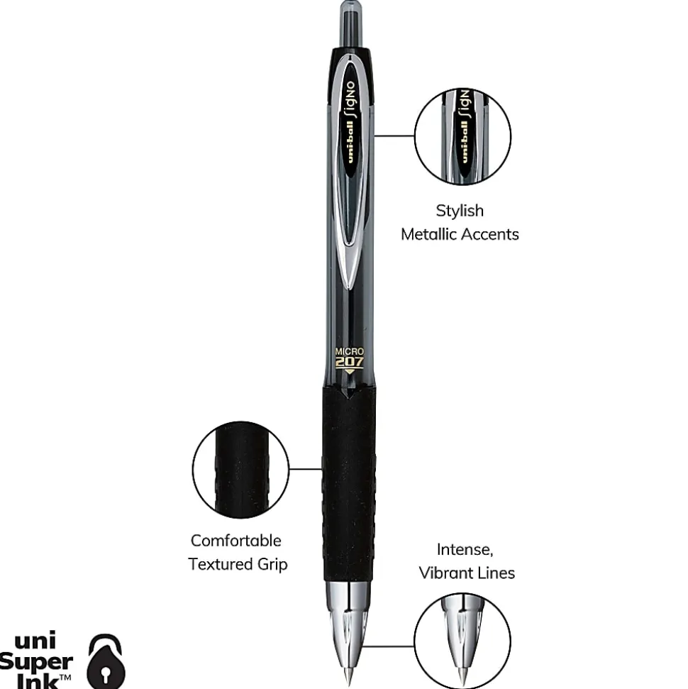 uni-ball® 207™ Retractable Fraud Prevention Gel Pens, Micro Point, 0.5 mm, Black Barrels, Black Ink, Pack Of 12