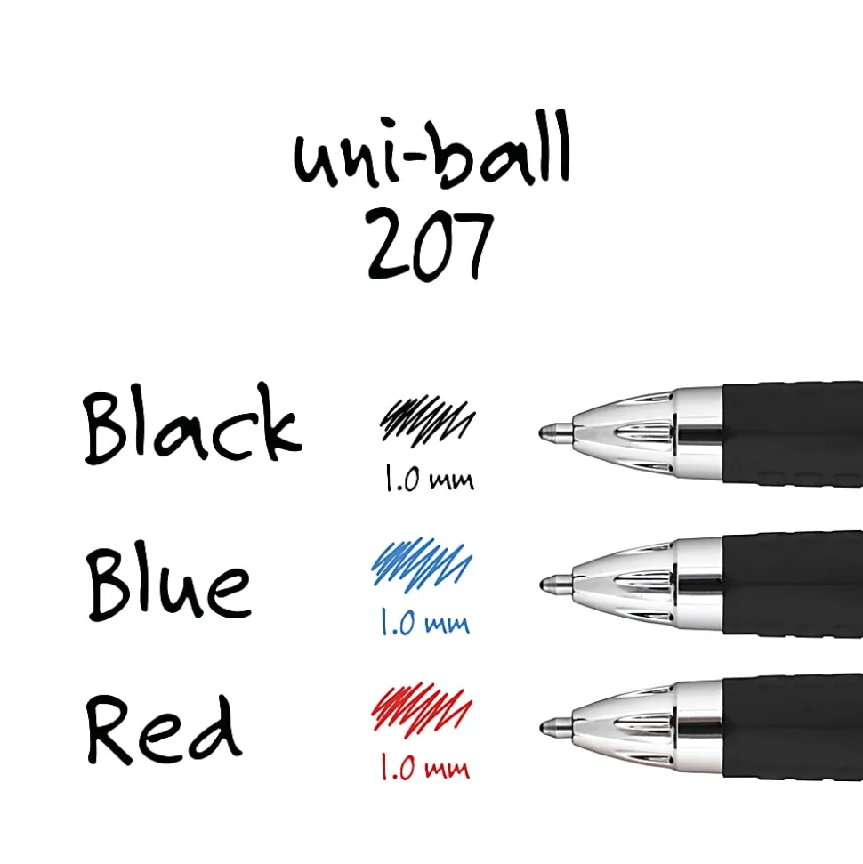 uni-ball® 207™ Retractable Fraud Prevention Gel Pens, Medium Point, 0.7 mm, Black Barrels, Assorted Ink Colors, Pack Of 4 Pens