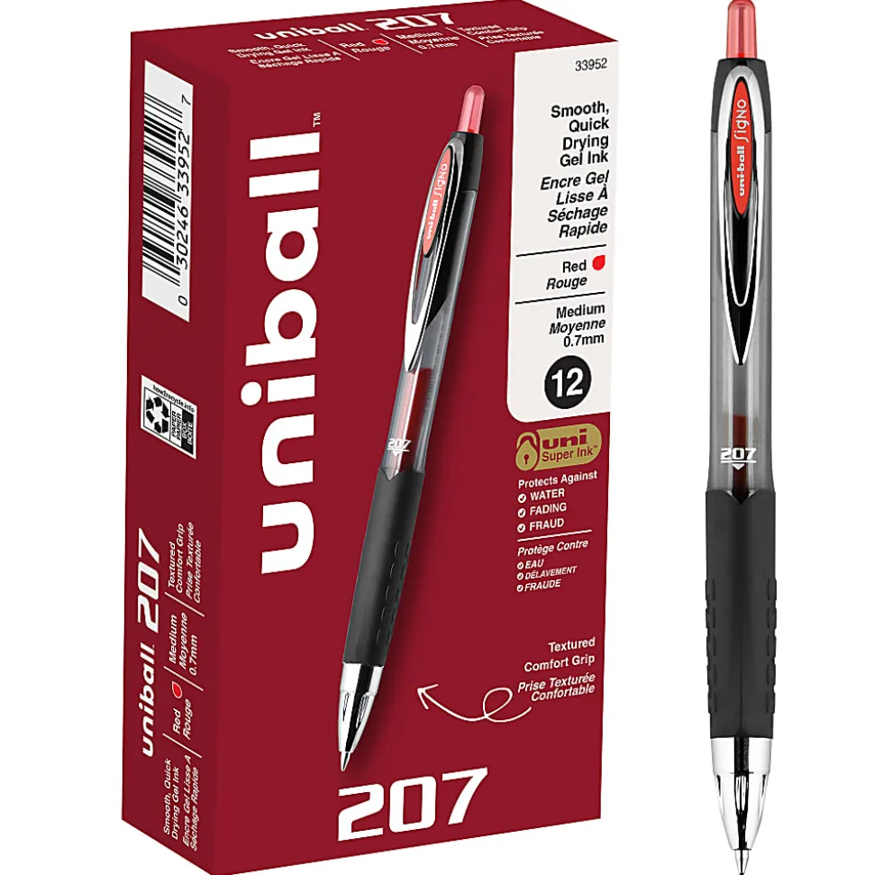 uni-ball® 207™ Retractable Fraud Prevention Gel Pens, Medium Point, 0.7 mm, Black Barrels, Red Ink, Pack Of 12
