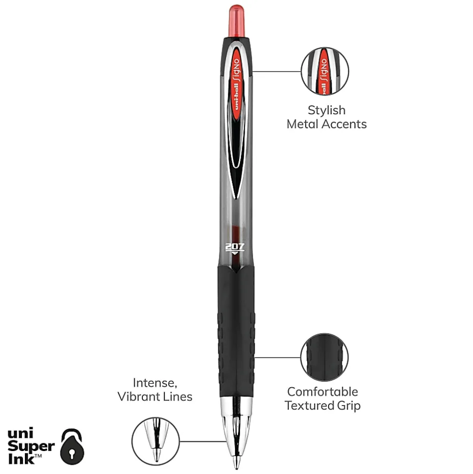uni-ball® 207™ Retractable Fraud Prevention Gel Pens, Medium Point, 0.7 mm, Black Barrels, Red Ink, Pack Of 12