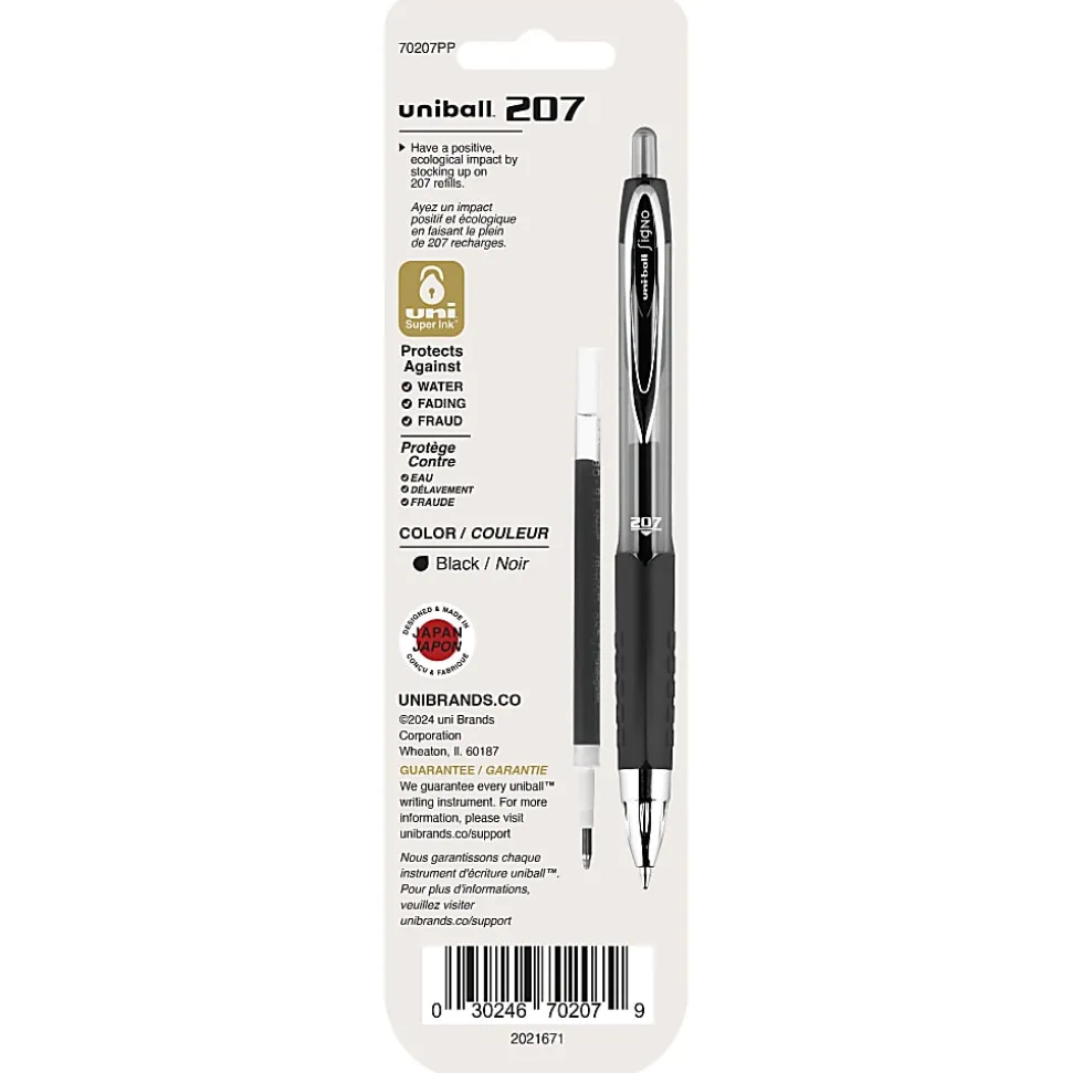 uni-ball® 207™ Retractable Gel Pen Refills, Medium Point, 0.7 mm, Black Ink, Pack Of 2 Refills