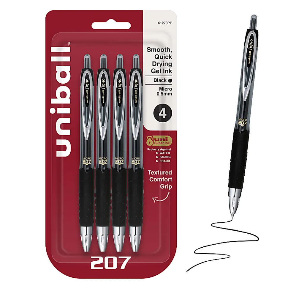 uniball™ 207 Retractable Gel Pens, 0.5mm Micro Point, Black Ink, 4 Count