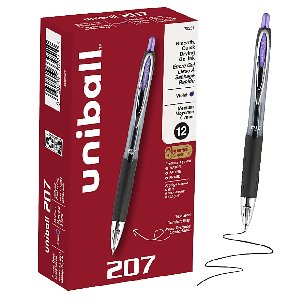 uniball™ 207 Retractable Gel Pens, 0.7mm Medium Point, Violet Ink, 12 Count