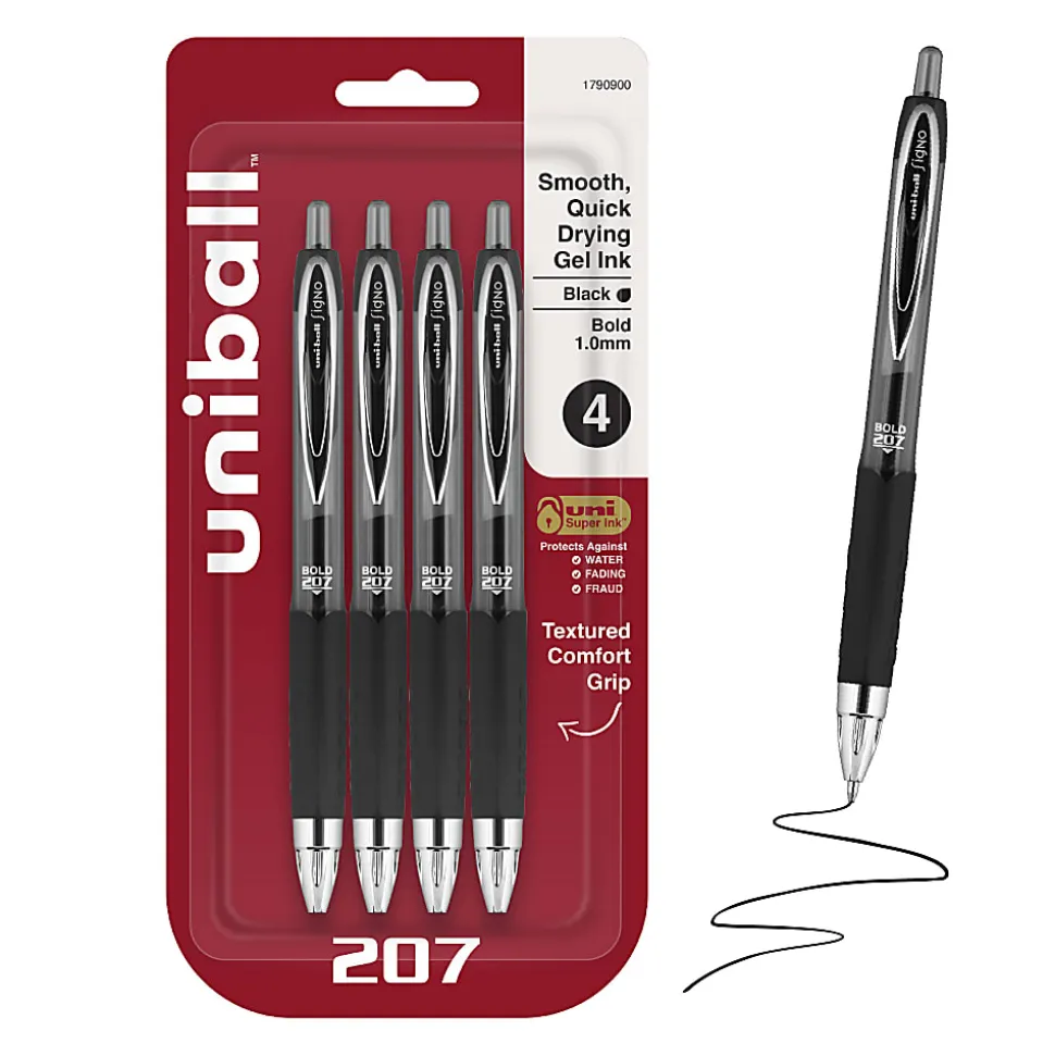 uniball™ 207 Retractable Gel Pens, 1.0mm Bold Point, Black Ink, 4 Count