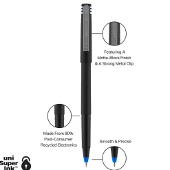 uni-ball® Rollerball™ Pens, Fine Point, 0.7 mm, 80% Recycled, Black Barrel, Blue Ink, Pack Of 12 Pens