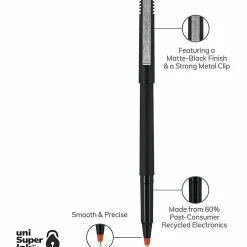 uni-ball® Rollerball™ Pens, Micro Point, 0.5 mm, 80% Recycled, Black Barrel, Red Ink, Pack Of 12 Pens