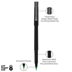 uni-ball® Rollerball™ Pens, Micro Point, 0.5 mm, 80% Recycled, Black Barrel, Green Ink, Pack Of 12 Pens