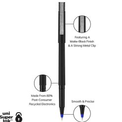 uni-ball® Rollerball™ Pens, Micro Point, 0.5 mm, 80% Recycled, Black Barrel, Blue Ink, Pack Of 12 Pens