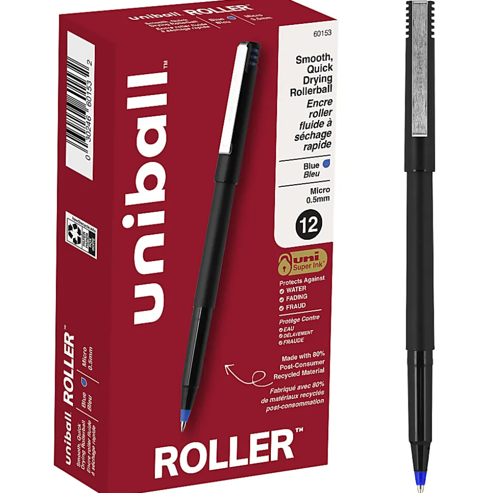 uni-ball® Rollerball™ Pens, Micro Point, 0.5 mm, 80% Recycled, Black Barrel, Blue Ink, Pack Of 12 Pens
