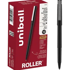 uni-ball® Rollerball™ Pens, Micro Point, 0.5 mm, 80% Recycled, Black Barrel, Black Ink, Pack Of 12 Pens