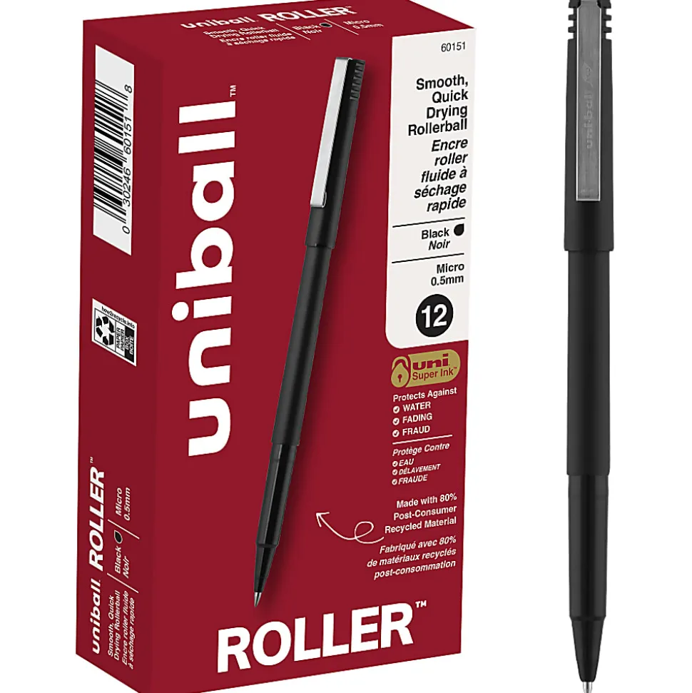 uni-ball® Rollerball™ Pens, Micro Point, 0.5 mm, 80% Recycled, Black Barrel, Black Ink, Pack Of 12 Pens