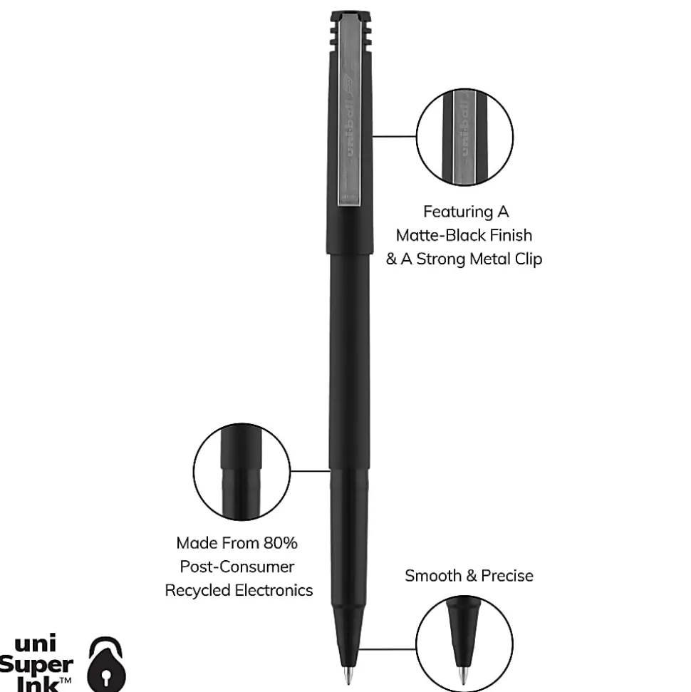 uni-ball® Rollerball™ Pens, Micro Point, 0.5 mm, 80% Recycled, Black Barrel, Black Ink, Pack Of 12 Pens