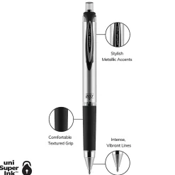 uni-ball® RT Retractable Gel Pens, Gel Impact®, Bold Point, 1.0 mm, Silver Barrels, Black Ink, Pack Of 4