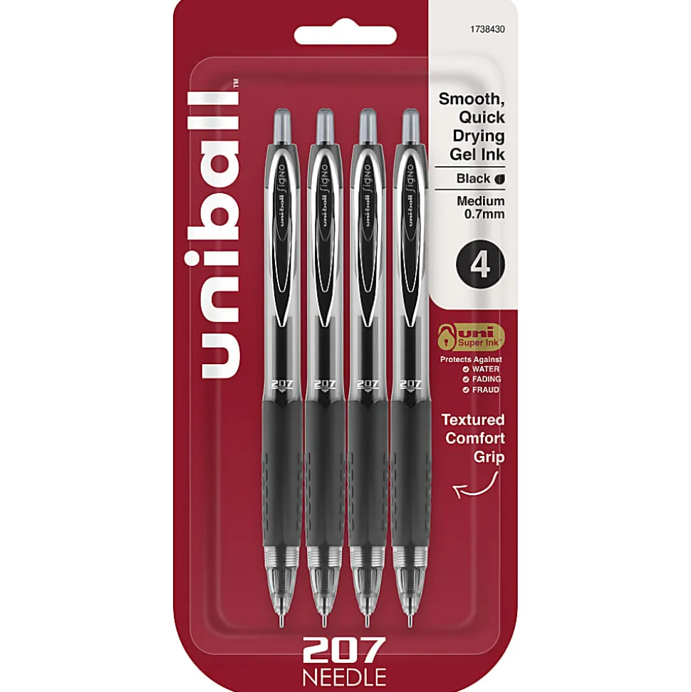 uni-ball® Signo Gel 207™ Retractable Gel Pens, Medium Point, 0.7 mm, Clear Barrels, Black Ink, Pack Of 4
