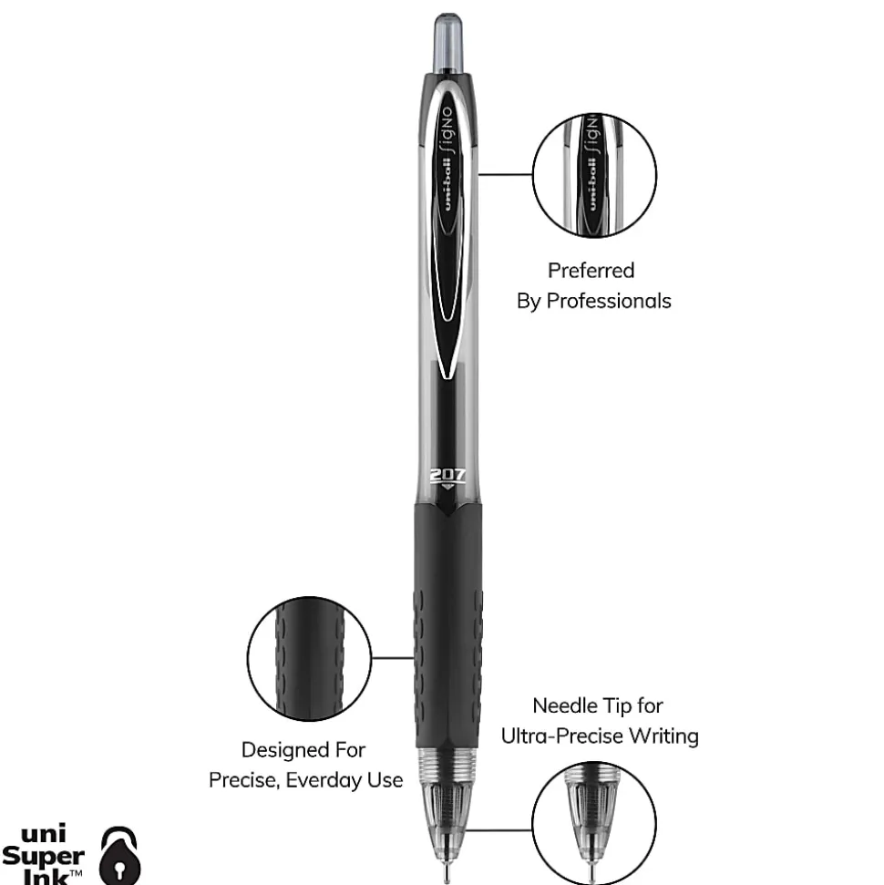 uni-ball® Signo Gel 207™ Retractable Gel Pens, Medium Point, 0.7 mm, Clear Barrels, Black Ink, Pack Of 4