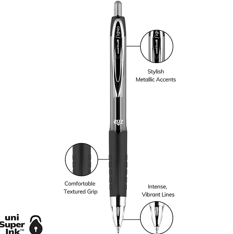 uni-ball® Signo Gel 207™ Retractable Gel Pens, Medium Point, 0.7 mm, Clear Barrel, Black Ink, Pack Of 4 Pens