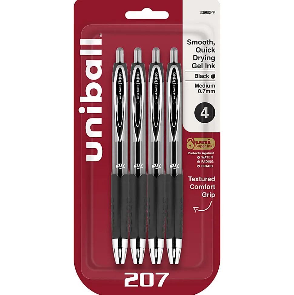 uni-ball® Signo Gel 207™ Retractable Gel Pens, Medium Point, 0.7 mm, Clear Barrel, Black Ink, Pack Of 4 Pens